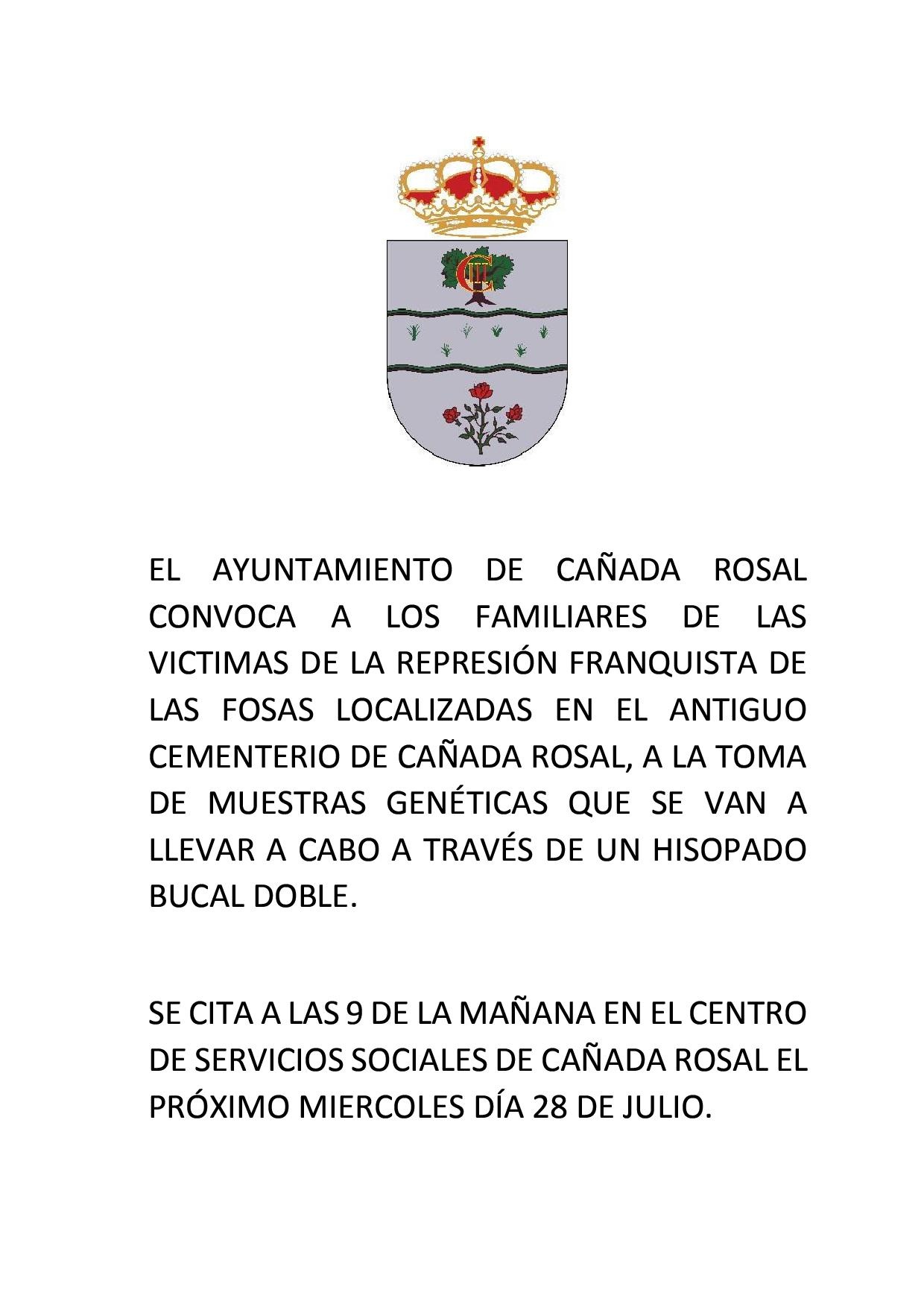 EL AYUNTAMIENTO DE CAÑADA ROSAL CONVOCA A LOS FAMILIARES DE LAS VICTIMAS DE LA REPRESIÓN FRANQUISTA DE LAS FOSAS LOCALIZADAS EN EL ANTIGUO CEMENTERIO DE CAÑADA ROSAL