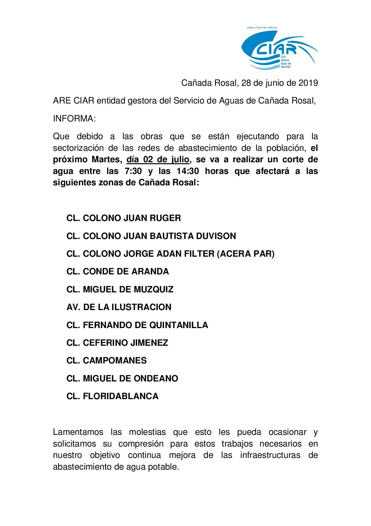 Aviso Corte de Agua obras sectorización 02072019