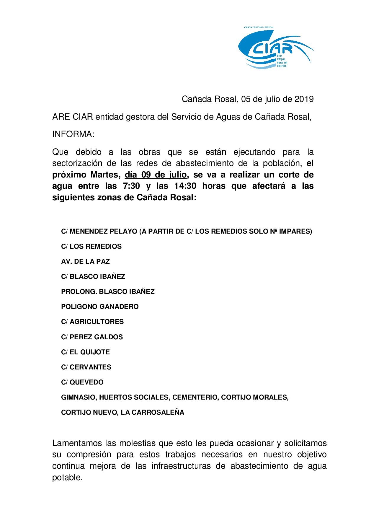 Aviso Corte de Agua obras sectorización