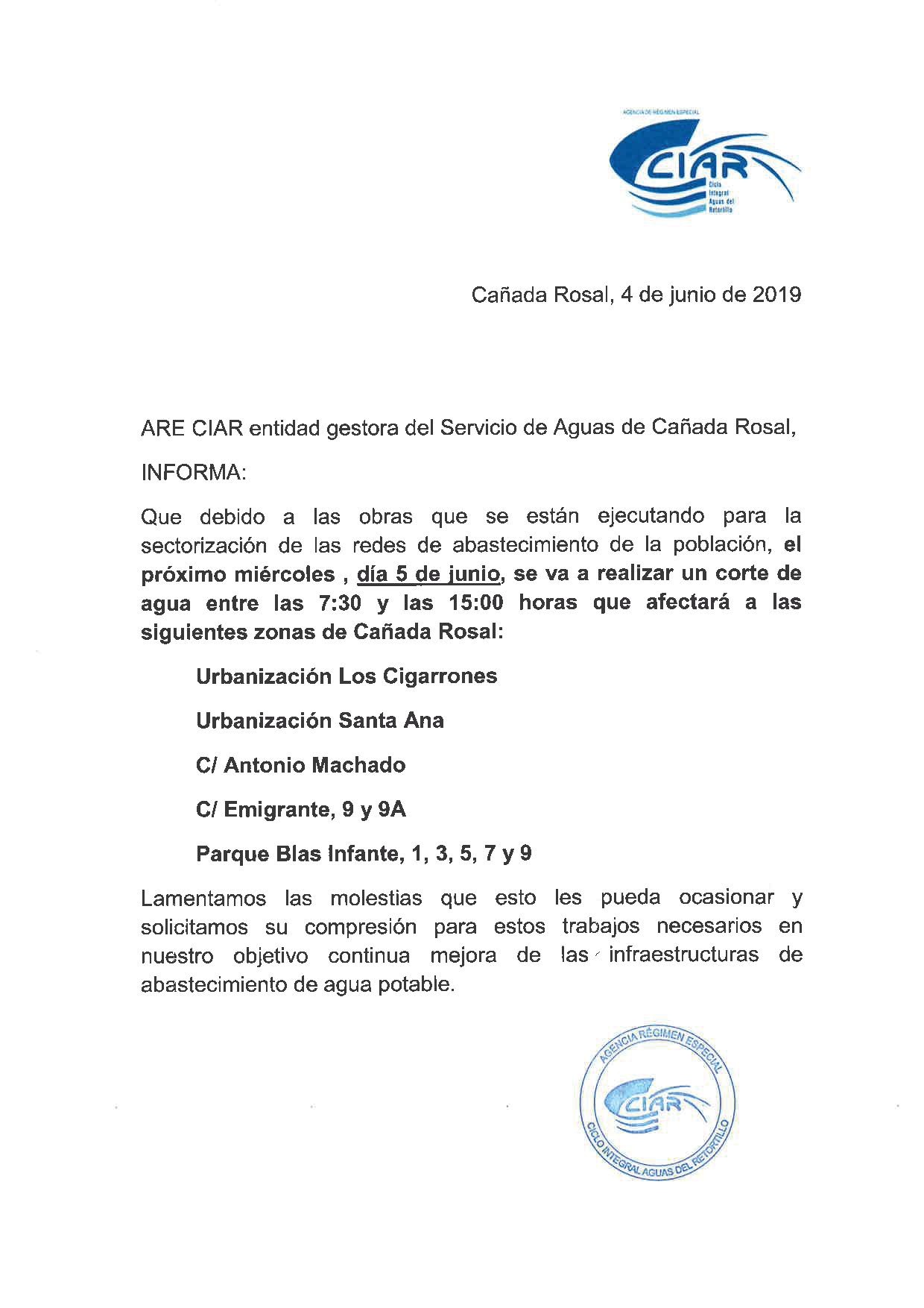 comunicado corte agua ciar